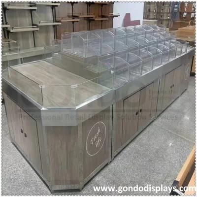 Customize Wooden MDF Dried Food Supermarket Food Display Cabinet with End Shelf