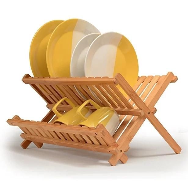 Bamboo Dish Rack Foldable Dish Drying Rack Collapsible Dish Drainer Wooden Plate Rack