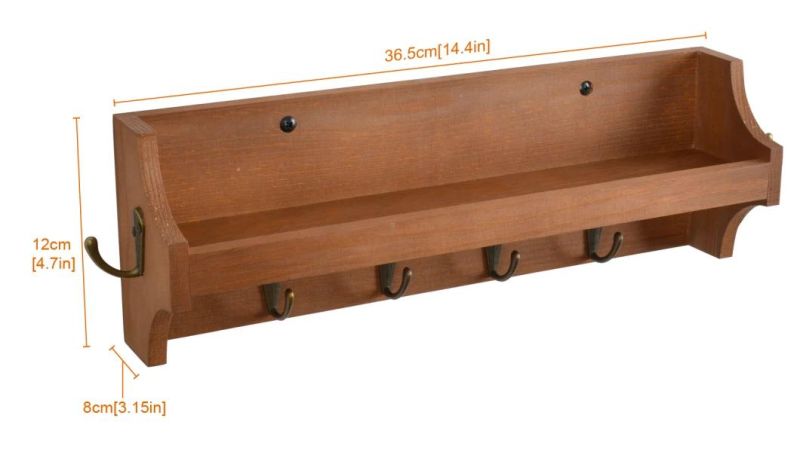 Wall Mounted Wooden Storage Shelf with 6 Hooks for Homeware