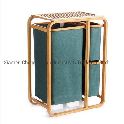 Home Decor 3 Bags Bamboo Laundry Hamper with Storage Shelf