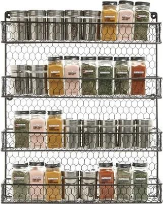 Wall Mounted 4-Tier Black Chicken Wire Spice Rack, Tea Jar Organizer, Multipurpose Home Storage Rack