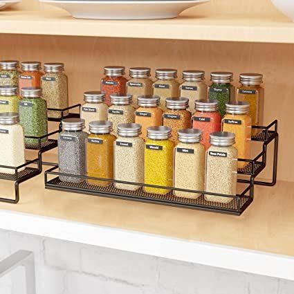 Gongshi 3 Tier Expandable Spice Rack Organizer for Cabinet Pantry or Countertop (12.5 to 25"W) Kitchen Step Shelf with Protection Railing (Black)