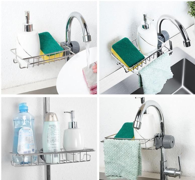 Kitchen Faucet Rack Household Stainless Steel Perforated Rag Sponge Brush Drain Rack Sink Storage Rack