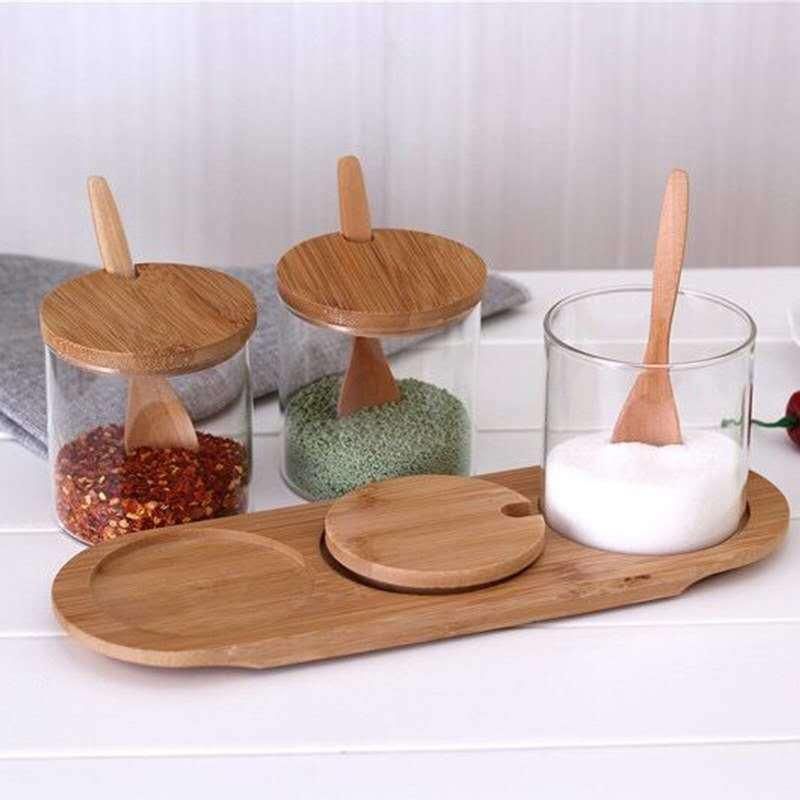 Wholesale 3PCS Set 300ml Spice Rack Set with Wooden Base Shelf with Colorful Package