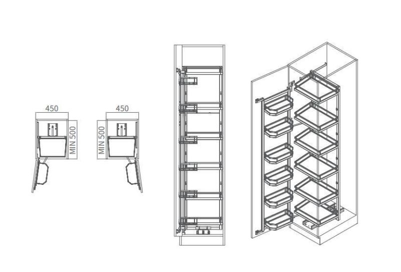 Tandem Cabinet Pull out Pantry System 6 Tier Kitchen Rack