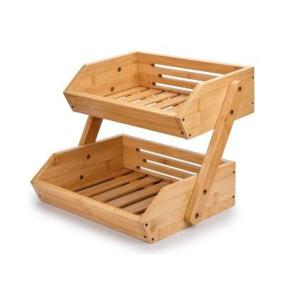 2 Tier Bamboo Kitchen Organizer Fruit Basket Bread Storage Stand Vegetable Rack Countertop Basket Bowl Holder Wooden Tray