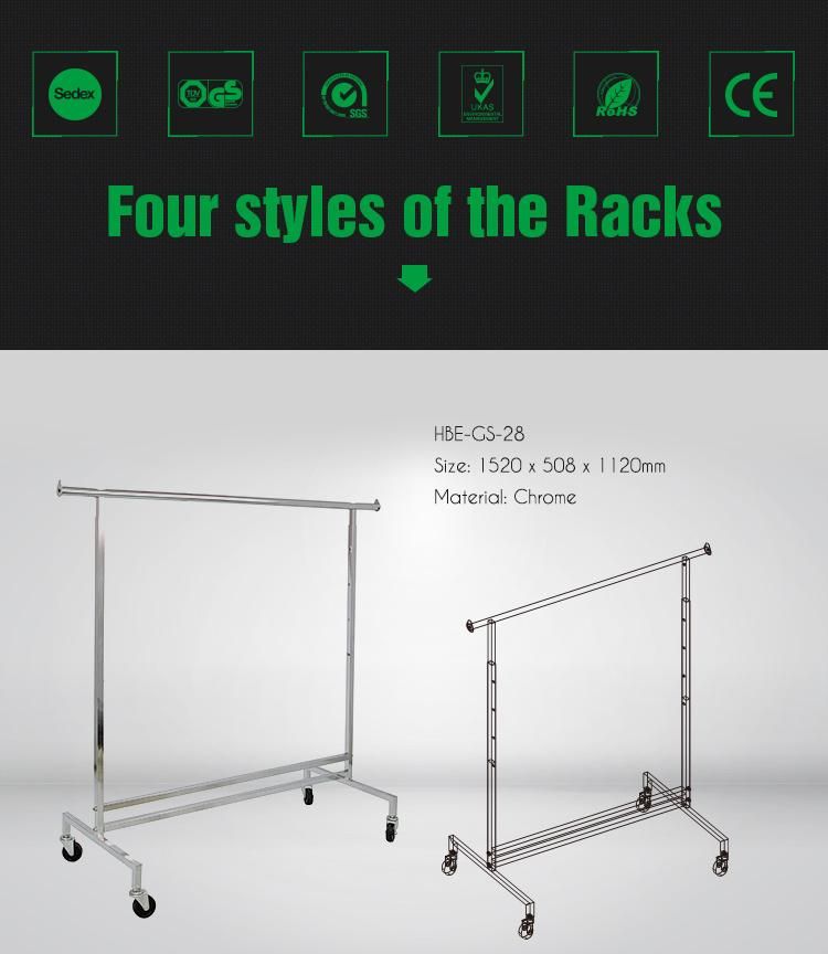 Movable Heavy Duty Chrome Metal Rolling Clothes Garment Clothing Hanging Rack with Wheels