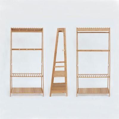 Natural Color Bamboo Clothes Laundry Rack with Lower Shoe Shelf for Extra Storage Space Garment Stand