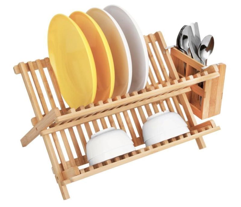 2 Tier Bamboo Plate Storage Rack Folding Dish Drying Racks for Kitchen Display Organizer