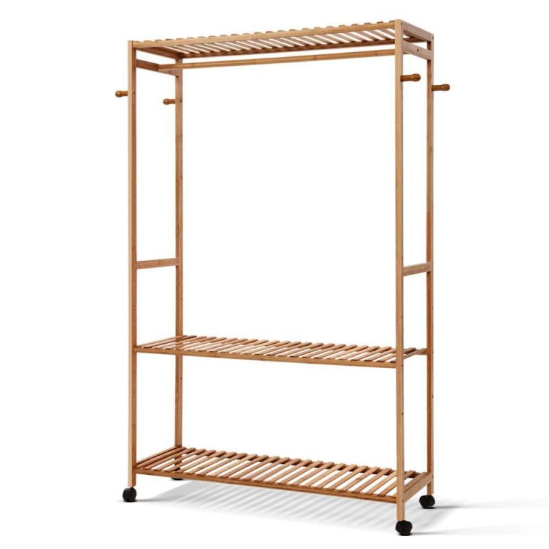 Natural Color Bamboo Clothes Laundry Rack with Lower Shoe Shelf for Extra Storage Space Garment Stand