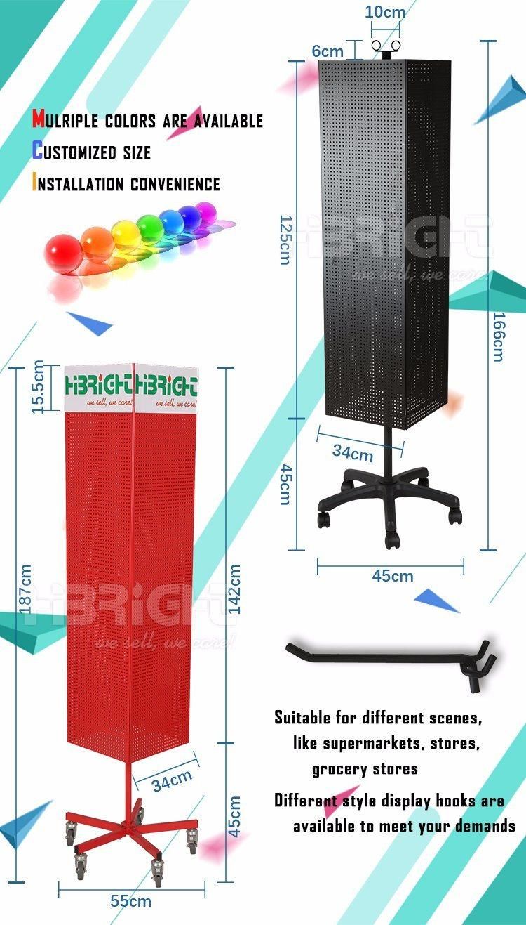 Metal Pegboard Rotation Pegboard Display Stand 4 Sided Rotating Display Rack with Wheels