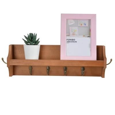 Wall Mounted Wooden Wall Floating Shelf with 6 Hooks for Kitchen Livingroom Storage