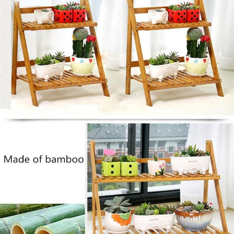 Multi Level Plant Stand 2 Tier Bamboo Platform Garden Patio Outdoor Flower Shelf