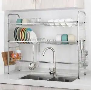 Silver 2-Tier Stainless Steel Adjustable Dish Racks and Organize with Ease for Clean and Tidy Pool