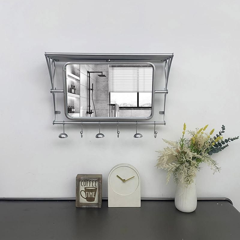 Large Rectangle Silver Metal Framed Wall Mirror with Shelf and Towel Rack for Bathroom Decor