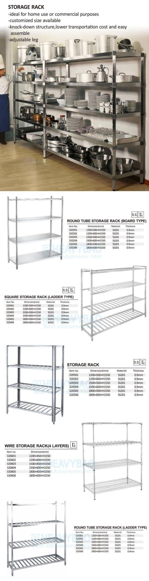 Heavybao Hot Sale Knock-Down Structure Stainless Steel Storage Shelf Rack