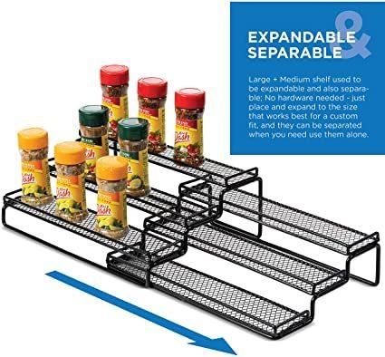 Gongshi 3 Tier Expandable Spice Rack Organizer for Cabinet Pantry or Countertop (12.5 to 25"W) Kitchen Step Shelf with Protection Railing (Black)