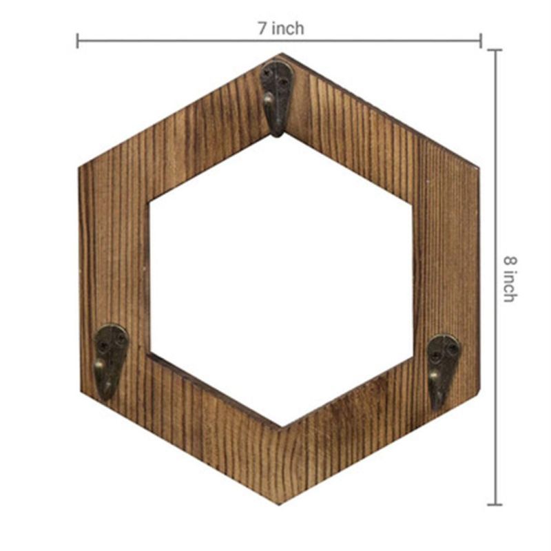 Rustic Brown Torched Wood Geometric Hexagon Wall Mounted Coffee Mug Cups Holder Storage Hanging Rack