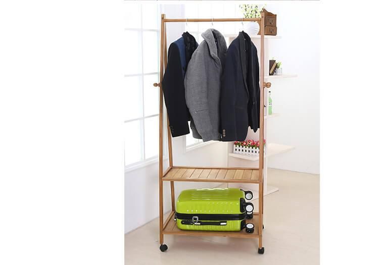 Multi-Function Bamboo Garment Laundry Storage Hanger Cloth Rack with Rolling Wheel for Entryway and Bed Room