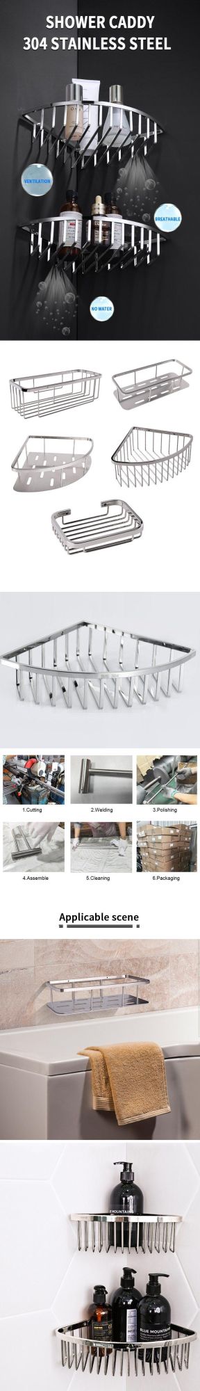 Wholesale Stainless Steel Shower Caddy Basket Shelf Shampoo Holder Organizer Wall Mounted Bathroom Shelf