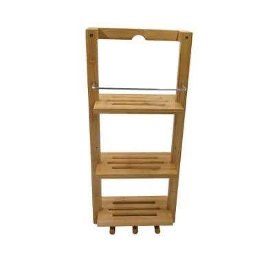 Wall-Mounted Bathroom Rack with 3 Shelves and 3 Hooks Bamboo Includes Rail, Natural Brown