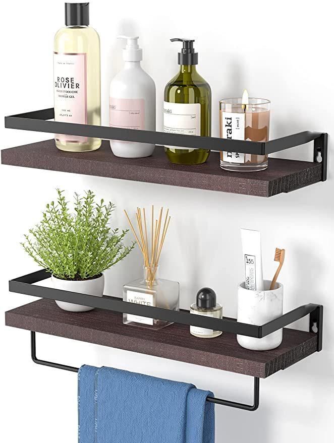 Floating Shelves Wall Mounted for Bathroom, Kitchen, Bedroom, Storage Shelf with Towel Holder, Rustic Wood Bathroom Shelf Set of 2, Red Brown-Amfs04