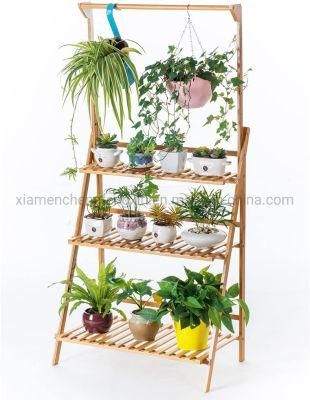 Bamboo 3-Tier Hanging Plant Stand Planter Shelves Flower Pot Organizer Rack Folding Display Shelving Plants Shelf Unit Holder