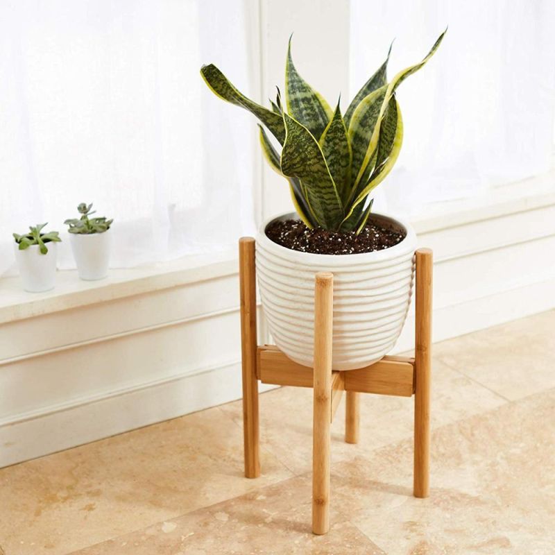 Extendable Modern Natural Bamboo Adjustable 10 to 14 Inch MID Century Plant Stand Wood with Ceramic Flower Pot