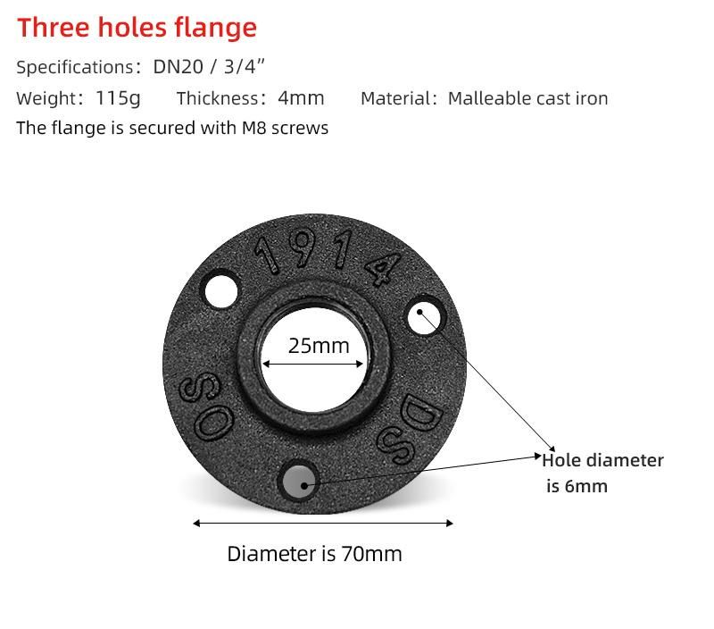 DN15 1/2" Malleable Iron Flange Pipe Floor Fitting Plumbing Threaded 3 Holes Flange