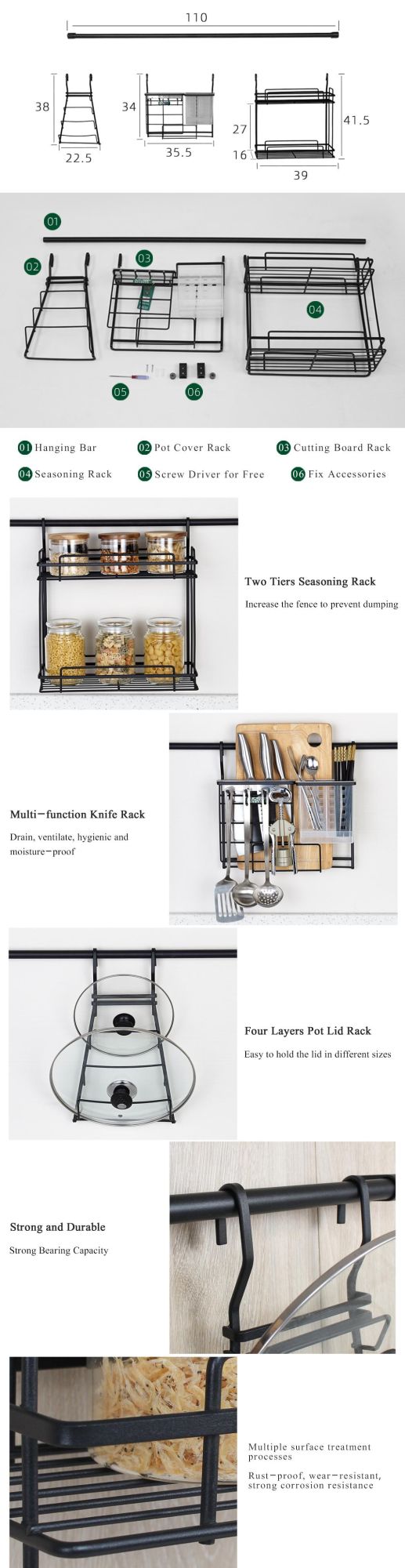 Wall Mounted Kitchen Accessories Steel Storage Holder Metal Hanging Storage Rack