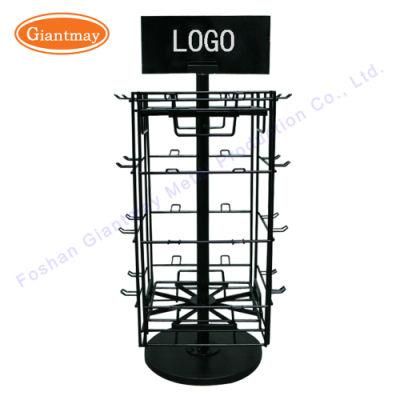 Tabletop Metal Rotating 4 Sided Wire Shelving Hanging Display Exhibition Rack with Hooks