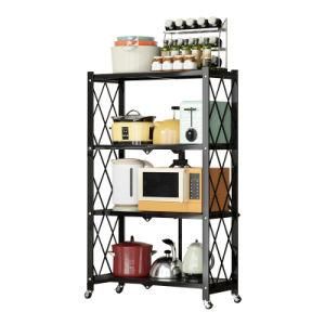 Four Layer Folding Shelf Kitchen Storage Rack Movable Multifunctional Metal Storage Holders &amp; Racks Carbon Steel Modern Foldable