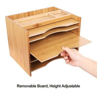 Bamboo File Organizer Paper Sorter with 5 Adjustable Shelves Top Storage Compartments Natural