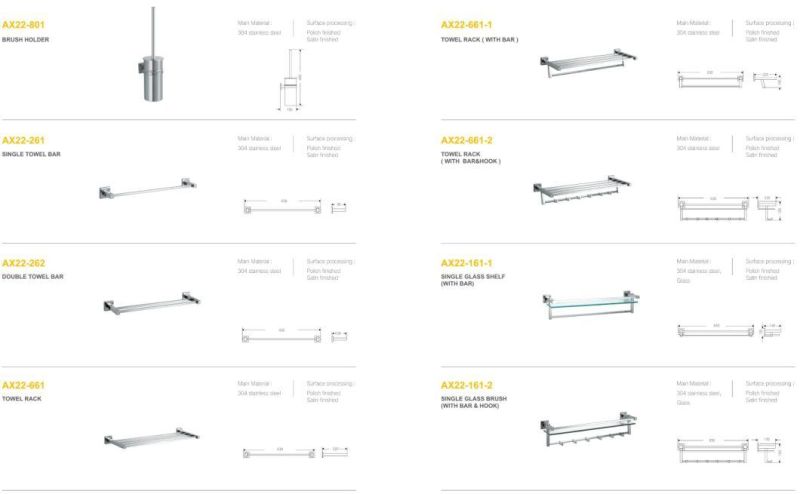 SS304 Toilet Bathroom Accessories with Towel Bar/Brushed Holder/Soap Dish/Robe Hook