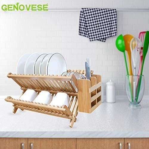 Bamboo Dish Drying Rack with Utensil Flatware Holder, 2-Tier Folding and Compact Drainer Kitchen (1 Utensil Holder) 18 Slots