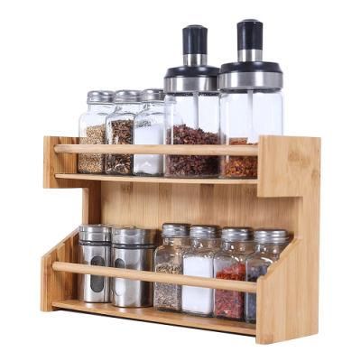 Wall Bamboo Spice Holder Rack Wall Mounted Shelf 2 Tier Adjustable