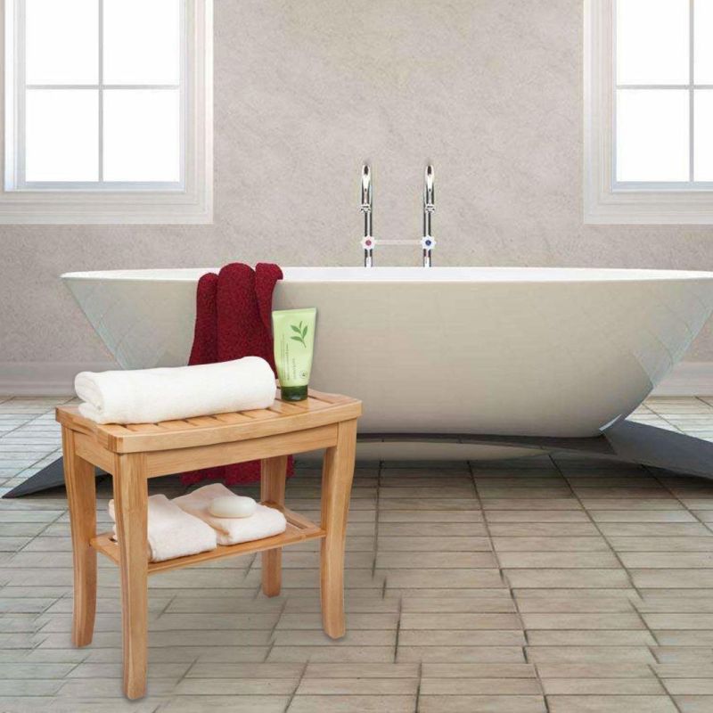 Shower Bench Stool with Shelf - Bamboo SPA Bathroom Decor - Wood Seat Bench for Indoor or Outdoor Use