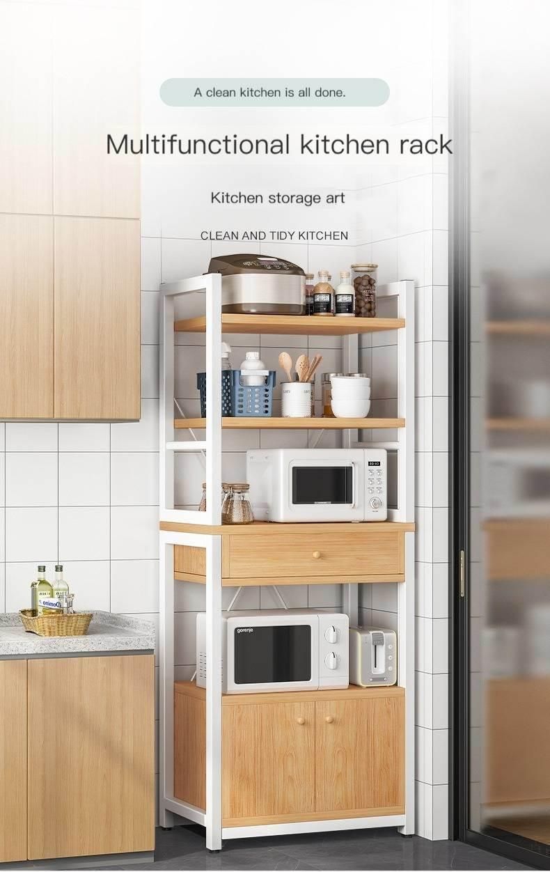 Multi-Layer Kitchen Storage Rack with Doors Microwave Oven Shelf