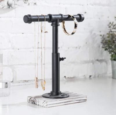 Industrial Pipe Black Metal T-Bar Shelf Adjustable Height Jewelry, Bracelet &amp; Necklace Display Stand with Torched Wood Base