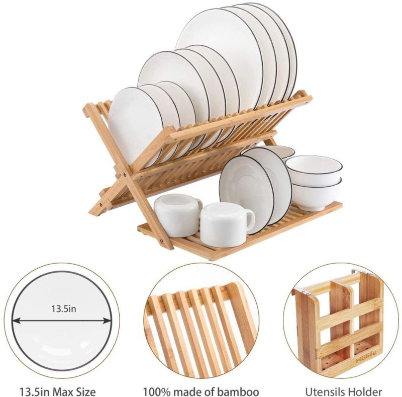 Bamboo Dish Drying Rack with Utensils Flatware Holder Set Large Folding Drying Holder for Kitchen, Collapsible Drainer, Cups and Utensils Holder