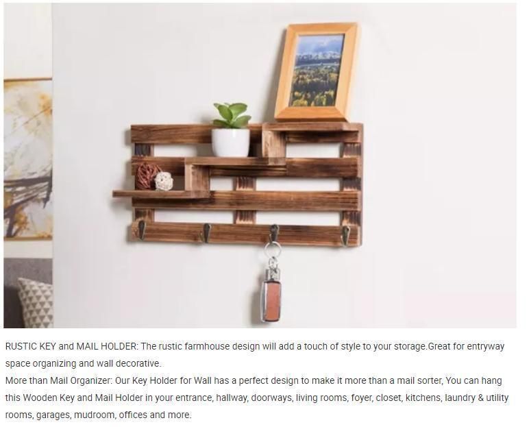 Rustic Wood Entryway Shelf Wall-Mounted Coat Hooks Mail Holder Organizer Key Holder Rack