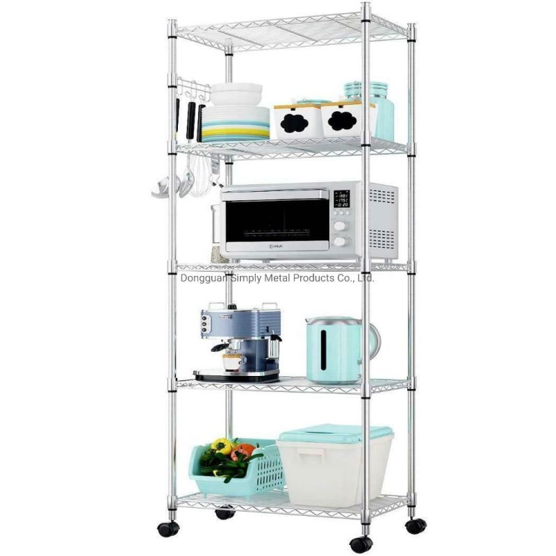 5-Tier Shelf Wire Shelving Racks with Casters Hooks Steel Storage Shelf Rack