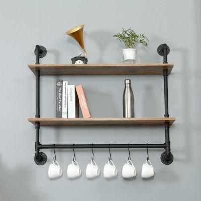 Industrial Pipe Shelf Wall Mounted with Hooks for Coffee Bar Kitchen