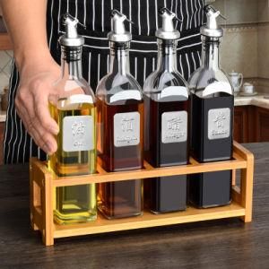 Natural Bamboo Spice Rack Kitchen Oil Bottles Holder Vinegar Jars Storage Shelf Flavoring Bottle Stand