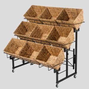 Folding Supermarket Store Display Rack with Hand-Made Rattan Basket.