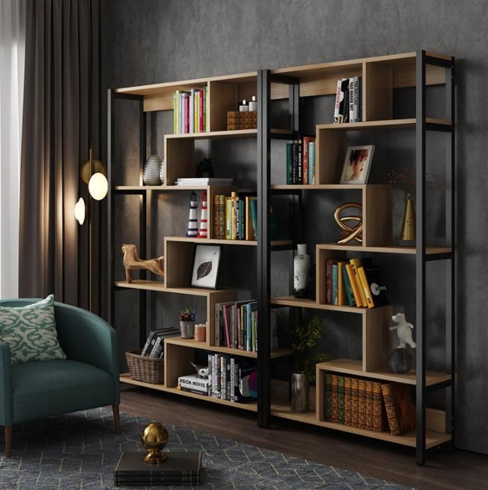 Simple Multi-Layer Steel and Wood Shelf Office Display Shelf Bookcase