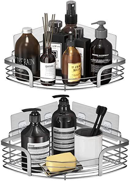Shower Caddy with Soap Dish & Razor Holder, Bathroom Rustproof Shower Organizer, No Drilling Adhesive Wall Mounted Shower Shelf with Hooks, 2-Tiers Hanging Stor
