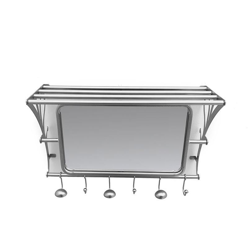 Large Rectangle Silver Metal Framed Wall Mirror with Shelf and Towel Rack for Bathroom Decor