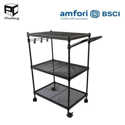 Steel Kitchen Trolley with Handle and Hooks Microwave Oven Rack for Kitchen Appliance Organizing