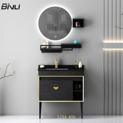 High End Black Wooden Bathroom Furniture Floor Standing Sink Vanity with Round LED Lighted Mirror
